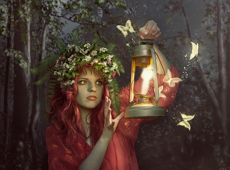 Fairy forest - girl, flower, light, lotta lotos, fantasy, wreath, redhead, butterfly, fairy, luminos