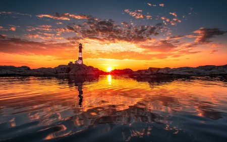 Lighthouse in the Sunset (Rogaland, Norway) - nature, sky, norway, lighthouse, reflection, clouds, sunset, sea