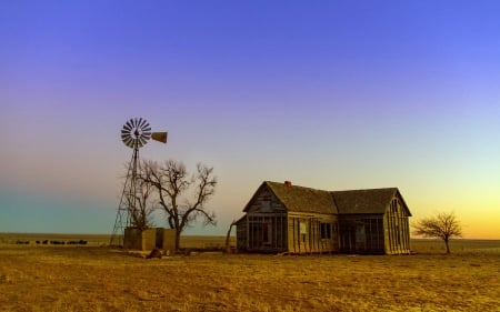 House And Wndmill - sky, brown, windmill, clouds