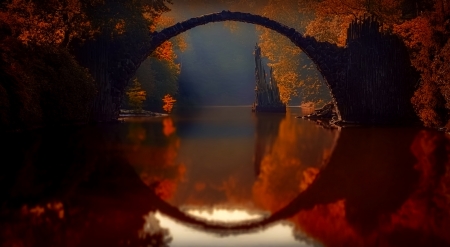 Bridge Rakottsbr�cke (Devil's Bridge) in Autumn - germany, trees, water, Nature, fog, autumn, bridge