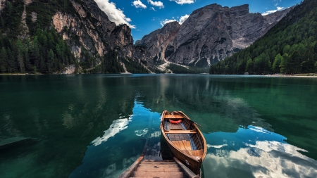 Boat on Lake Brijers,Dolomite's,Italy - nature, sky, lake, italy, forest, dolomites, mountains, boat