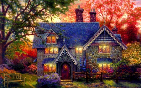 Beautiful Cottage - Cottage, Trees, Grass, Beautiful, Colorful, House