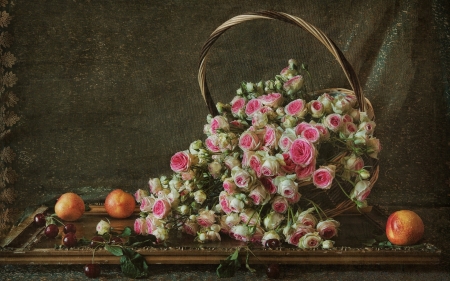 Blooming Basket - cherries, peaches, art, roses, blossoms, fruits, flowers