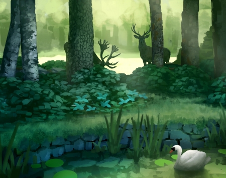 Into the woods - caprioara, tom prante, fantasy, animal, green, deer, forest, art