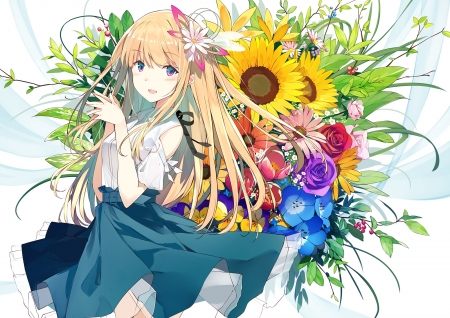 Girl - sunflower, girl, yellow, blue, anime, sutorora, flower, manga