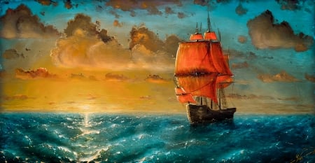 Sunset - sky, sunset, painting, art, ship, cloud, luminos, blue, orange, sea