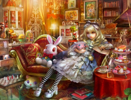 Alice ~ Library - library, girl, bunny, shu, fantasy, white, chess, cute, alice, luminos