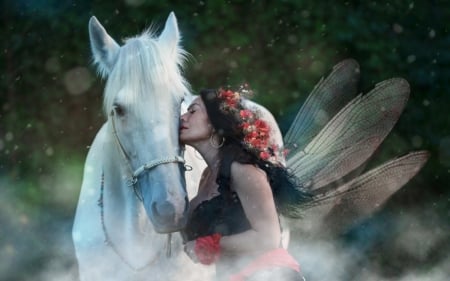 Kiss - woman, girl, tale, wings, model, white, kiss, horse, fairy