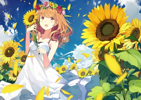 Girl - sunflwoer, girl, yellow, blue, anime, sutorora, summer, manga