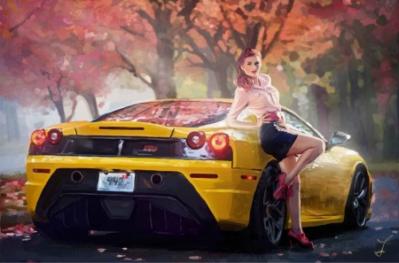 ♥ - car, yellow, autumn, painting, girl, orange, art, ferrari