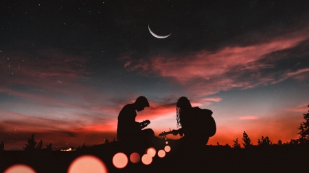 ♥ - moon, silhouette, night, creative, pink, black, fantasy, lights, couple, luna