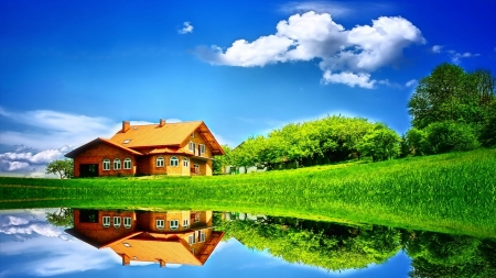 Reflecting Houses - houses, trees, nature, reflection, clouds, green, flowers, grass, lakeside