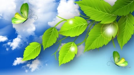 Green Leaves & Butterfly - sky, light, summer, shine, spring, sparkle, flare, clouds, leaves, butteflies, firefox persona theme