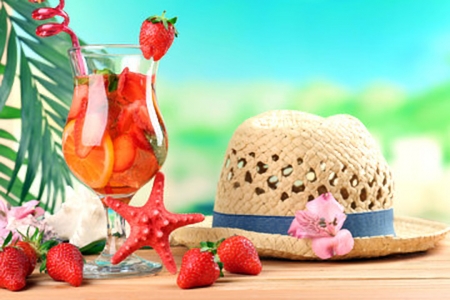 Refreshing Cocktail - beach, strawberries, glass, hat, cocktail