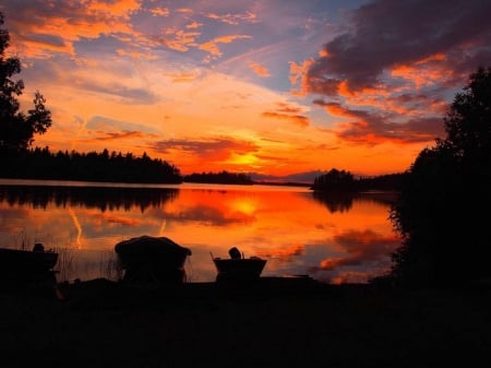 Summer Sunset - sky, lake, trees, sunset, summer, nature, forest, river, clouds, boat