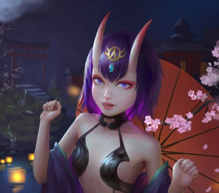 Demon - girl, fantasy, spring, horns, qq, art, fate, pink, umbrella, luminos, blossom, demon