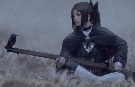 Bird - art, girl, luminos, guweiz, fantasy, bird