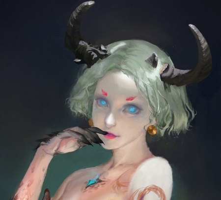 Demon - face, art, girl, yu anyao, luminos, fantasy, horns, demon