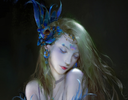 Beauty - blue, girl, blonde, liu lu, beauty, jewel, frumusete, fantasy, face, art, luminos