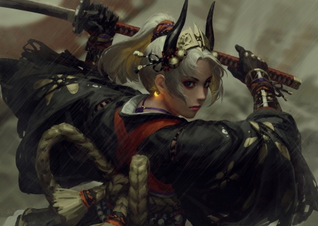 Demon - art, war, girl, luminos, guweiz, fantasy, horns, demon