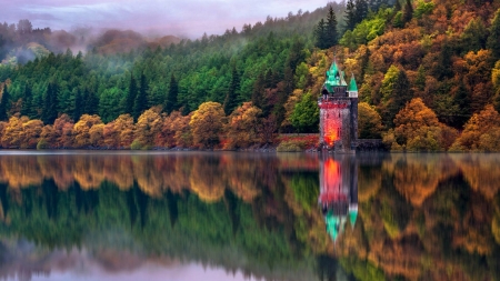 A Small Castle on the Shore - trees, shore, nature, autumn, lake, forest, reflection, castle