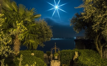 Sirmione Lombardy at Night,Italy - moon, trees, shore, nature, coast, night, italy, palm