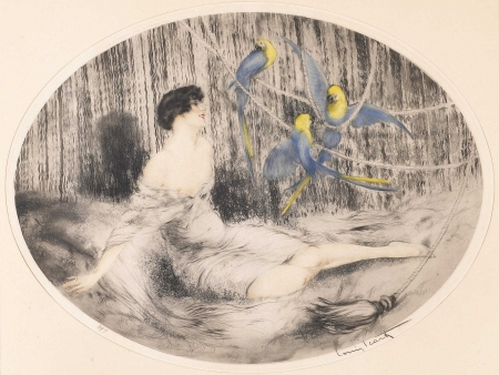 The parrots - girl, papagal, louis icart, pasare, bird, painting, art, pictura, 1925