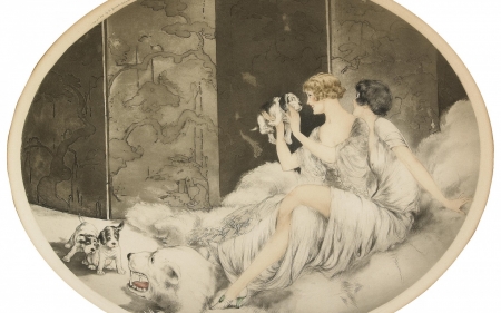 The puppies - louis icart, girl, dog, pictura, vintage, painting, woman, puppy, couple, art