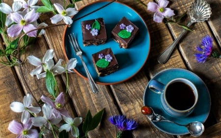 Enjoy your sweet moment! - coffee, wood, food, dessert, cake, flower, sweet, cup