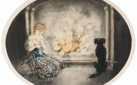 Cinderella - painting, art, girl, dog, louis icart, cinderella, pictura, fire