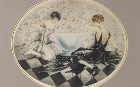 Goldfish - girl, couple, louis icart, gold, painting, art, vintage, bath, pictura, fish