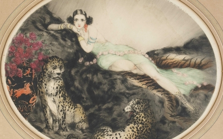 Tais - painting, leopard, art, girl, louis icart, tais, animal, pictura