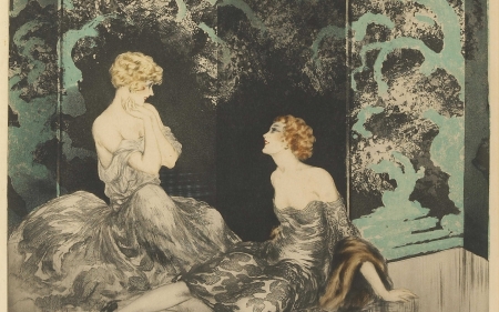 The proximity - louis icart, girl, blonde, pictura, redhead, vintage, painting, couple, art