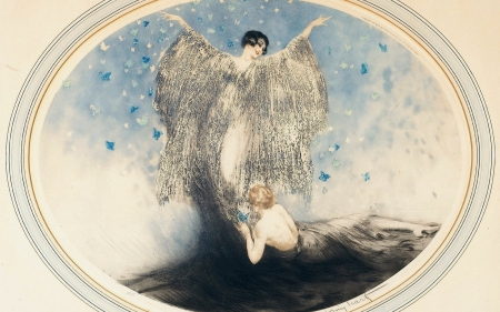 Little butterfly - painting, butterfly, girl, vintage, louis icart, blue, pictura