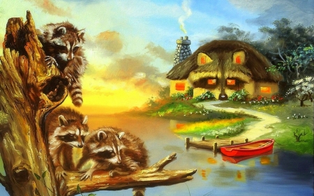 Raccoon Cottage - Sunset, Funny, River, Boat, Raccoon, House