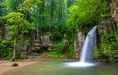 Forest fall - forest, beautiful, park, greenery, waterfall, rocks