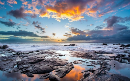 Coast Sunset - Sunset, Clouds, Coast, Rocks, Sky