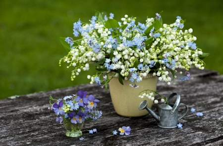 Lily of the Valley - blossoms, bouquet, watering can, pansies