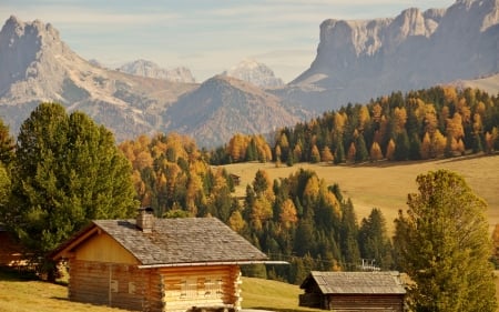 Rocky Mountains and Small Houses - nature, houses, autumn, trees, mountains