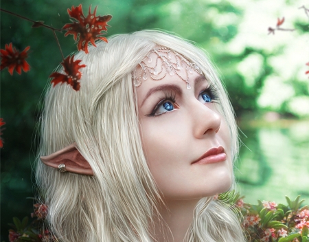 Elf - lothiel 14, girl, elf, fantasy, autumn, red, face, leaf, luminos