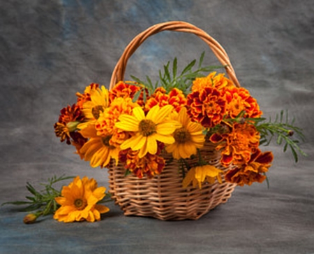 Still Life with Sunflowers - sunflowers, autumn, basket, decoration, colourful