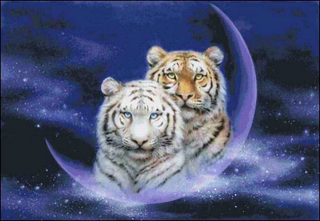 Tiger Fantasy - clouds, moon, white, planet, predators, artwork, cats