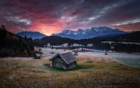 A Small Village in a Mountain Valley - nature, sky, village, houses, valley, clouds, mountains