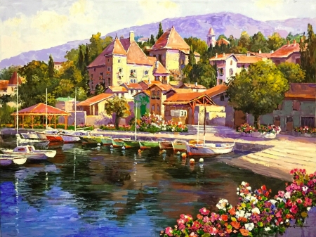 Savoi, Spain - beautiful, harbor, village, boats, view, painting, picturesque, lake, Spain, houses, art