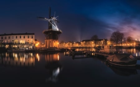 Night in Haarlem, Holland - Holland, canal, night, houses, windmill