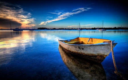 Magic Night on the Lake - nature, magic, blue, boat, lake, sky