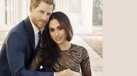 Harry and Meghan - white, meghan black sheer outfit, white shirt and tie, harry blue suit, brunette, red hair, embroidery