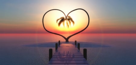 Sunset - Sunset, Pier, Heart, Palm trees, Sea