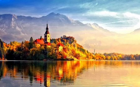 Lakeside Castle - nature, sky, autumn, lake, forest, castle, mountains, transylvania