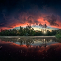 Old Pond Under Pink-White Clouds